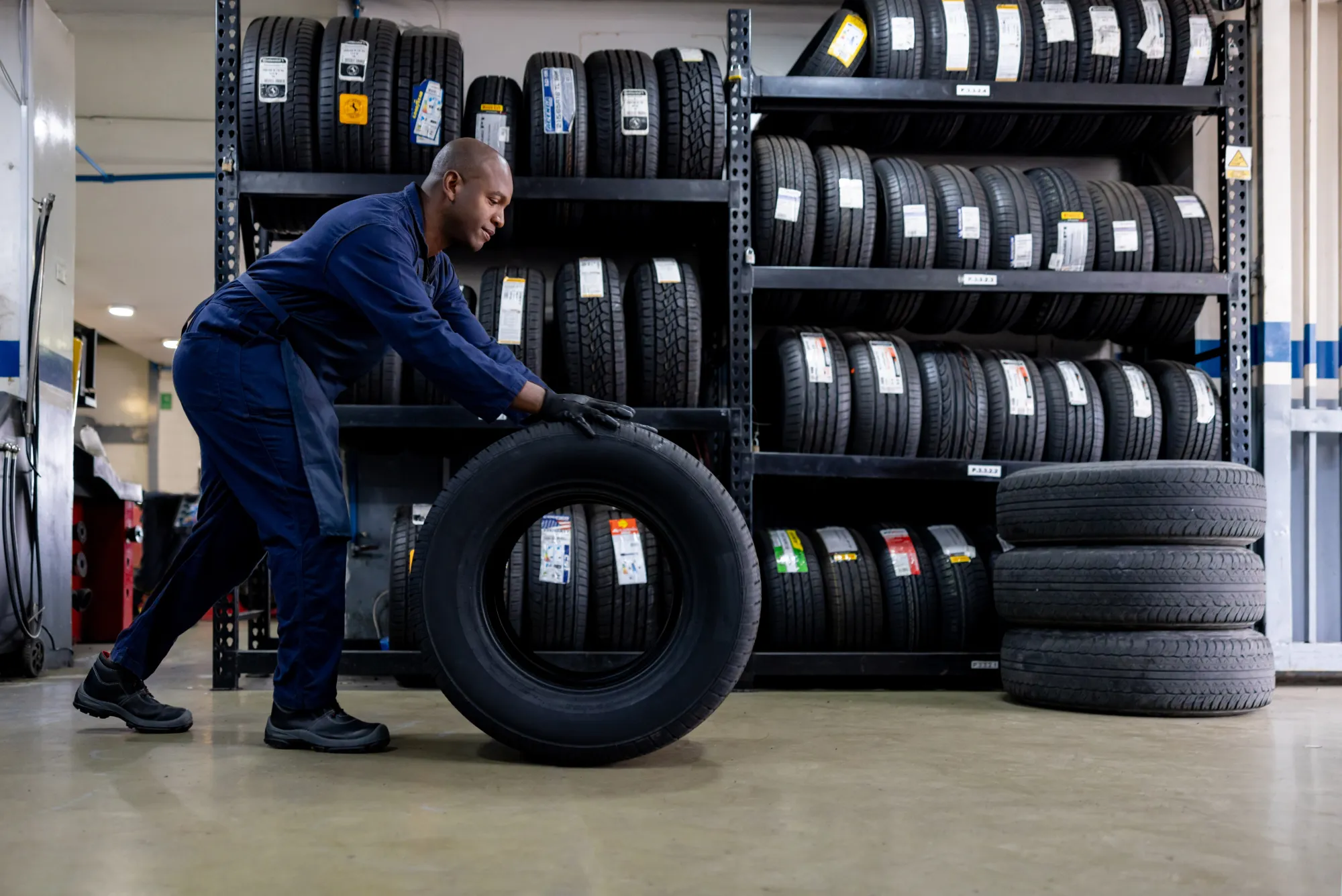A mechanic in blue coveralls rolls a new tire across the floor of a tire shop lined with racks of tires.